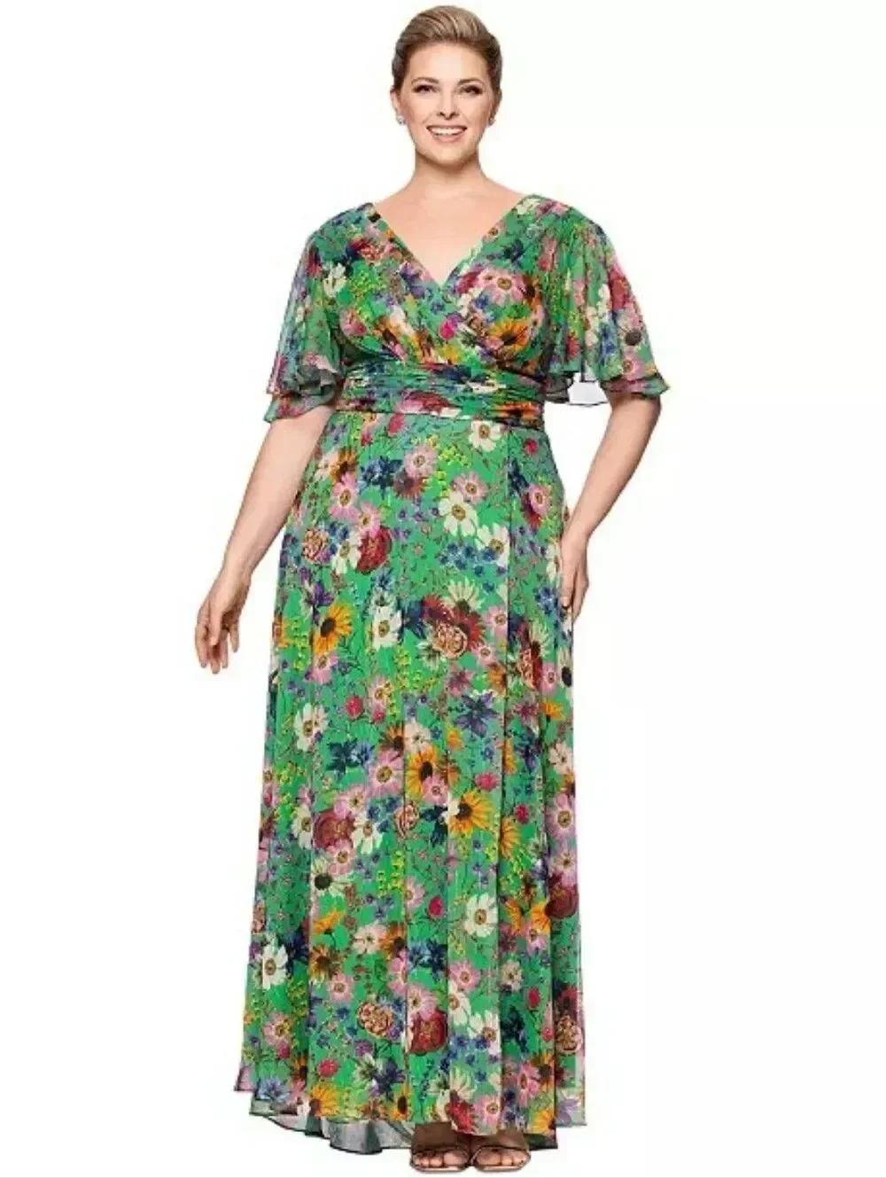 NWT Betsy & Adam Green Plus Size Floral-Print Flutter-Sleeve A-Line Dress 20 20W